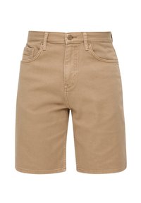 Short en denim beige avec bouton à l'avant, passants pour ceinture et poches, présenté de face sur fond blanc.
