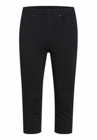 Black cropped pants with a fitted shape, made from a smooth fabric. Features five pockets and a button closure at the waist.