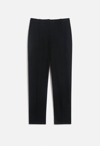 Pantaloni neri con un design sartoriale, caratterizzati da una texture liscia, pieghe frontali e due tasche laterali, realizzati in tessuto leggero.