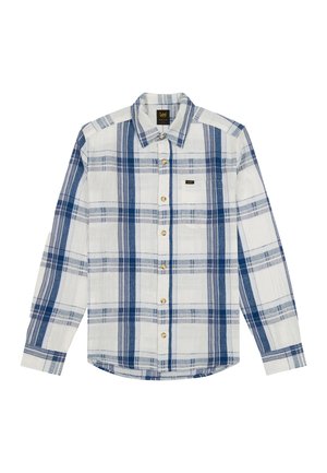 Pitkähihainen nappipaita, jossa siniharmaa ruutukuosi valkoisella pohjalla. Paidassa on rintatasku ja pieni merkin logo.