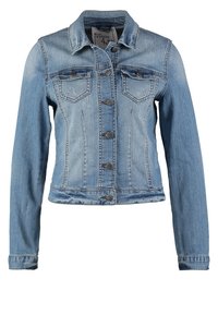 Ljusblå denimjacka med lång ärm, framfickor och knäppning med knappar. Har en något sliten textur och en kortad design.