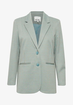 Jasnoniebieska i beżowa marynarka w kratę z klapkami, dwoma przednimi kieszeniami i dwoma turkusowymi guzikami z przodu. Gładka faktura.