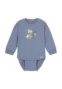 Niebieski bodysuit z długim rękawem z grafiką układanki zwierząt. Materiał bawełniany, dekolt okrągły, zapięcia na zatrzaski na dole, miękka tekstura.