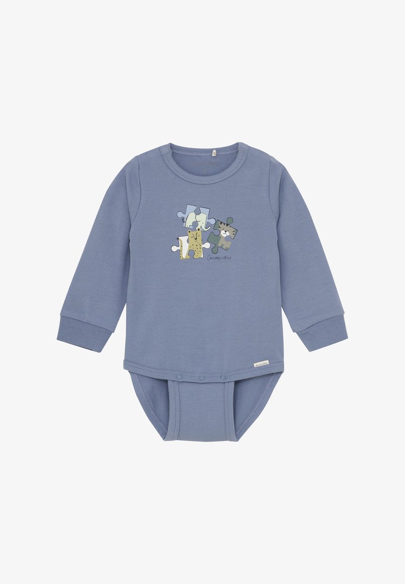 Blauer langärmeliger Body mit Tierpuzzle-Grafik. Baumwollmaterial, Rundhalsausschnitt, Druckknopfverschlüsse am Boden, weiche Textur.