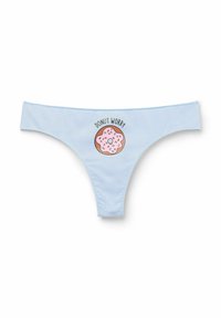 Hellblauer String mit Donut-Grafik. Der Text lautet "DONUT WORRY". Aus glattem Stoff gefertigt, verfügt er über ein minimales Design und einen weichen elastischen Bund.