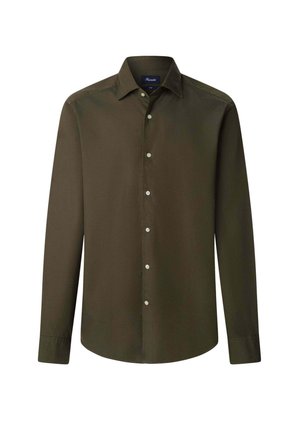 Langärmliges, olivgrünes Hemd aus glattem Stoff, mit einem spitzen Kragen und einer Knopfleiste mit weißen Knöpfen.
