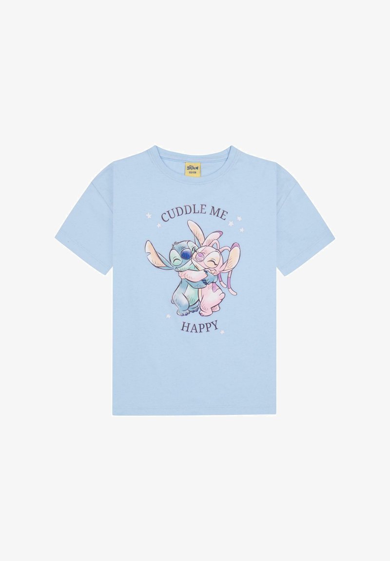 Camiseta de algodón azul claro con un gráfico de dibujos animados colorido de dos personajes abrazándose, rodeados del texto "ABRÁZAME FELIZ".