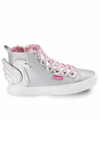 Srebrne skórzane sneakersy za kostkę z różowymi sznurowadłami, bocznym wzorem jednorożca i teksturowanym wykończeniem. Biała gumowa podeszwa z wzorem zapewniającym przyczepność.