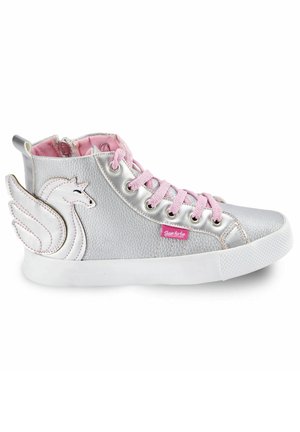 Silberne Leder-Hochschnitt-Sneaker mit pinken Schnürsenkeln, seitlichem Einhorn-Motiv und strukturiertem Finish. Weiße Gummisohle mit rutschfester Musterung.