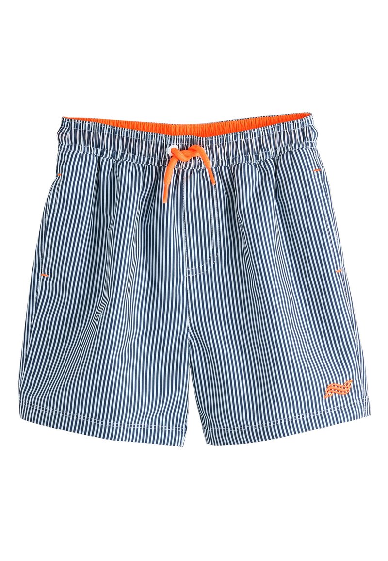 Sinised ja valged triibulised ujumispüksid, millel on elastne vöökoht ja oranž nöör. Omavad küljetaskut ja kergest kangast.