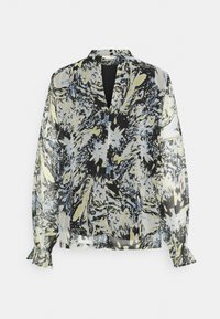 Chemisier semi-transparent à manches longues avec motif abstrait en noir, gris, jaune et blanc, encolure fendue et fermeture par col à boutons.