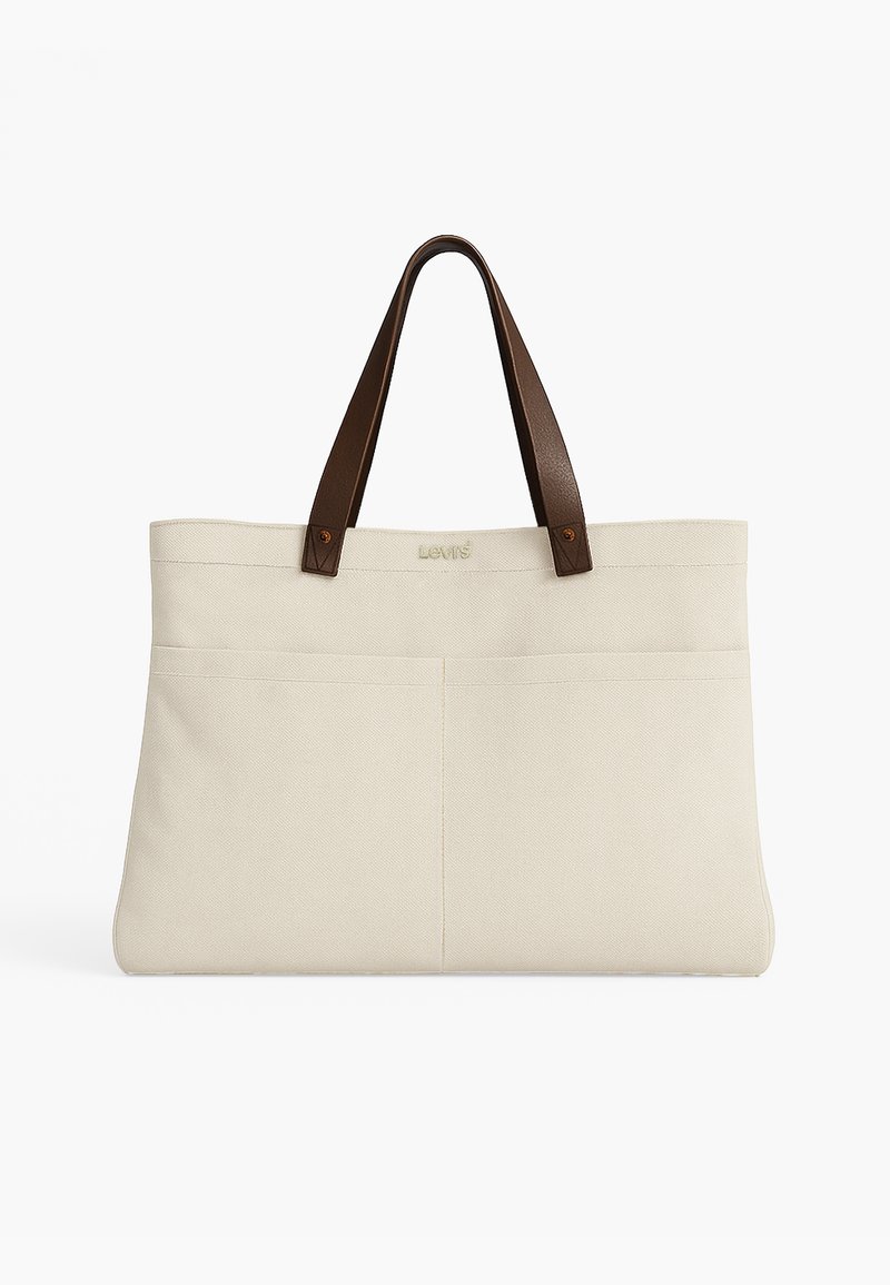 Beige Segeltuchtasche mit zwei großen Taschen und dunkelbraunen Ledergriffen, mit dezentem Levi's-Logo auf der Vorderseite.