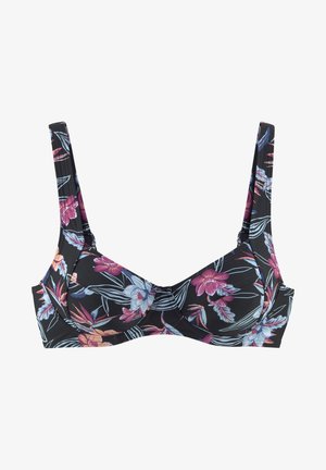 Bloemige bikini-top met een zwarte achtergrond, levendige roze en blauwe bloemen, verstelbare bandjes en een gestructureerd ontwerp voor steun.