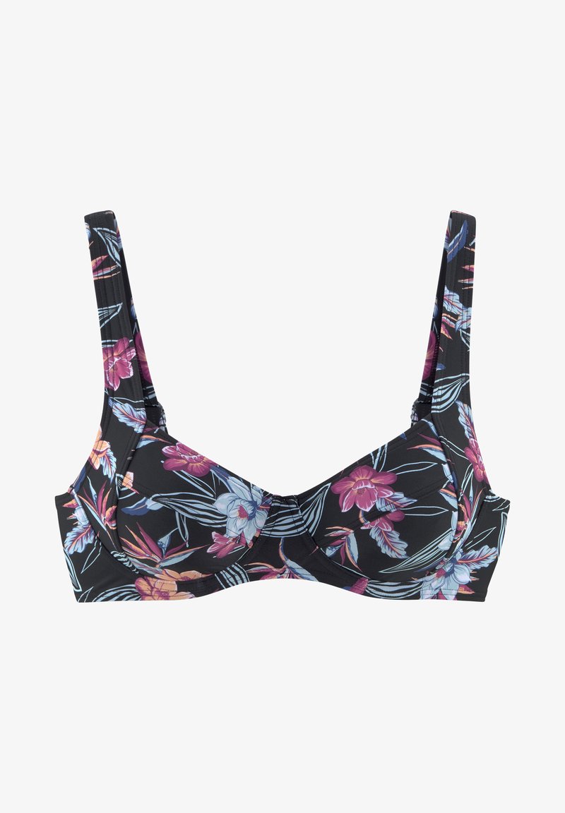 Bloemige bikini-top met een zwarte achtergrond, levendige roze en blauwe bloemen, verstelbare bandjes en een gestructureerd ontwerp voor steun.