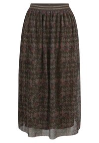 Plissé midi rok in donkergroen met abstracte patronen in rood en blauw. Heeft een textuurband met een metalen accent.
