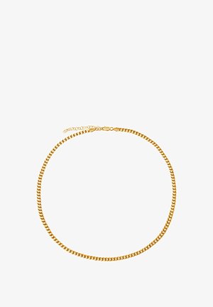 Złoty naszyjnik łańcuszkowy z przeplatanymi ogniwami o gładkim wykończeniu. Regulowany zamek z dodatkowym ogniwem łańcucha do dostosowania rozmiaru.