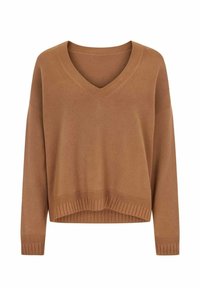 Maglione a V con maniche lunghe in un caldo colore marrone. Polsini e orlo a coste, caratterizzato da una vestibilità rilassata e una texture morbida.