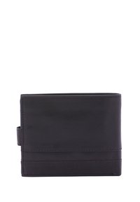 Portafoglio in pelle nera con una texture liscia, design bi-fold e una cucitura decorativa in basso. Presenta una linguetta laterale per una chiusura sicura.