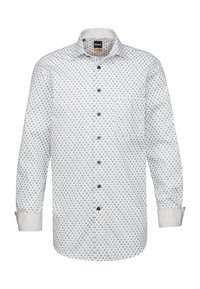 Camicia bianca con bottoni a pressione, design a motivi blu, maniche lunghe, taschino sul petto e bottoni blu a contrasto. Materiale misto cotone.