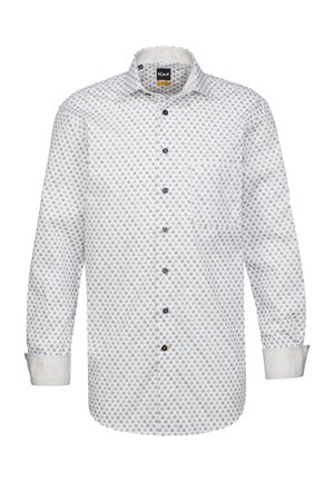 Camicia bianca con bottoni a pressione, design a motivi blu, maniche lunghe, taschino sul petto e bottoni blu a contrasto. Materiale misto cotone.