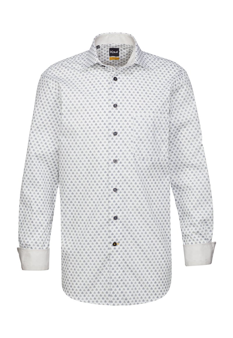 Camicia bianca con bottoni a pressione, design a motivi blu, maniche lunghe, taschino sul petto e bottoni blu a contrasto. Materiale misto cotone.