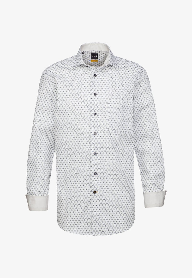 Camicia bianca con bottoni a pressione, design a motivi blu, maniche lunghe, taschino sul petto e bottoni blu a contrasto. Materiale misto cotone.