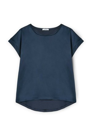 Maglietta blu navy a maniche corte con scollatura rotonda, tessuto morbido, orlo posteriore leggermente più lungo e design fluido e armonioso.