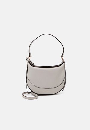 Gray faux leather handbag with a curved shape, featuring black trim, a single shoulder strap, and an additional detachable strap.