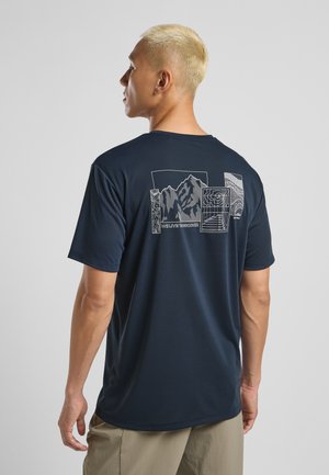 Navy blue short-sleeve t-shirt with graphic prints featuring mountains and abstract designs on the back. Made of smooth, lightweight fabric.