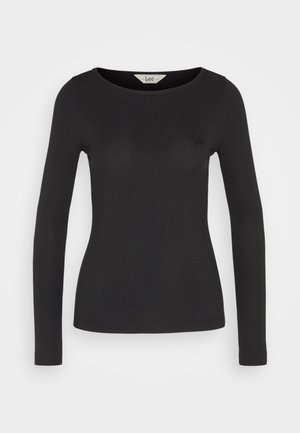 Svart, tettsittende langermet topp med ribbestruktur og bred rund hals, med en liten logodetalj på brystet.