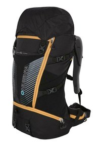 Černý turistický batoh s kapacitou 40L, zdobený žlutými akcenty, s několika popruhy a zipy, s texturovanou zadní částí a ergonomickým designem.