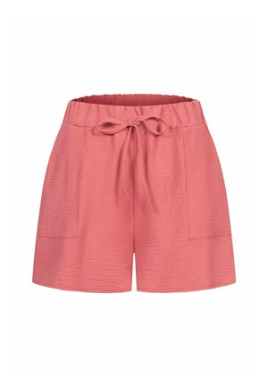 Różowe, teksturowane szorty z elastycznym paskiem w talii i z przodem do zawiązania. Posiadają dwie boczne kieszenie do przechowywania.