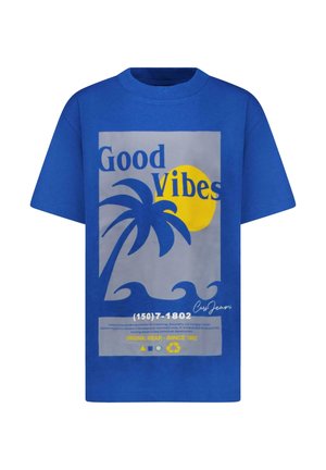 Blauw katoenen T-shirt met een grafisch ontwerp met de tekst "Good Vibes", een palmboom, zon, golven en tekst in contrasterende kleuren. Regular fit.