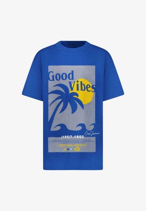 Blauw katoenen T-shirt met een grafisch ontwerp met de tekst "Good Vibes", een palmboom, zon, golven en tekst in contrasterende kleuren. Regular fit.