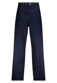 Pantalon en coton bleu marine avec une coupe droite, fermeture à bouton et poches latérales, présentant une texture lisse et sans motifs visibles.