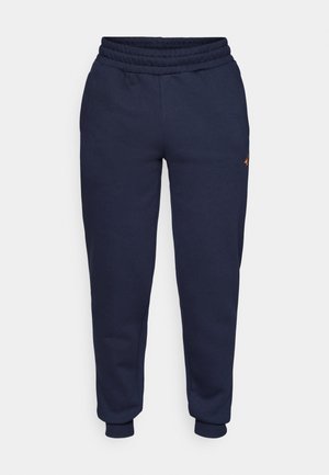 Pantalons de survêtement bleu marine en tissu doux et extensible, dotés d'une taille élastique et de poignets avec un petit logo orange en accent.