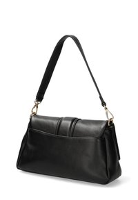 Borsa a mano in pelle nera con un design strutturato, dotata di una base piatta, una singola tracolla e dettagli in metallo dorato.