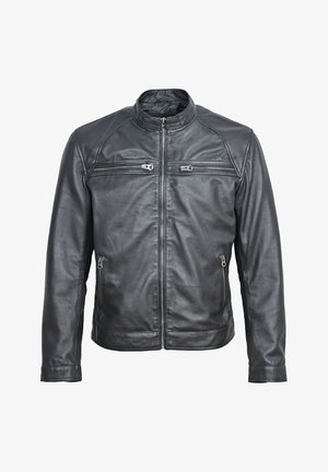 Veste en cuir noir avec un col montant, deux poches zippées à l'avant et des zips décoratifs sur la poitrine. Texture lisse, design ajusté.