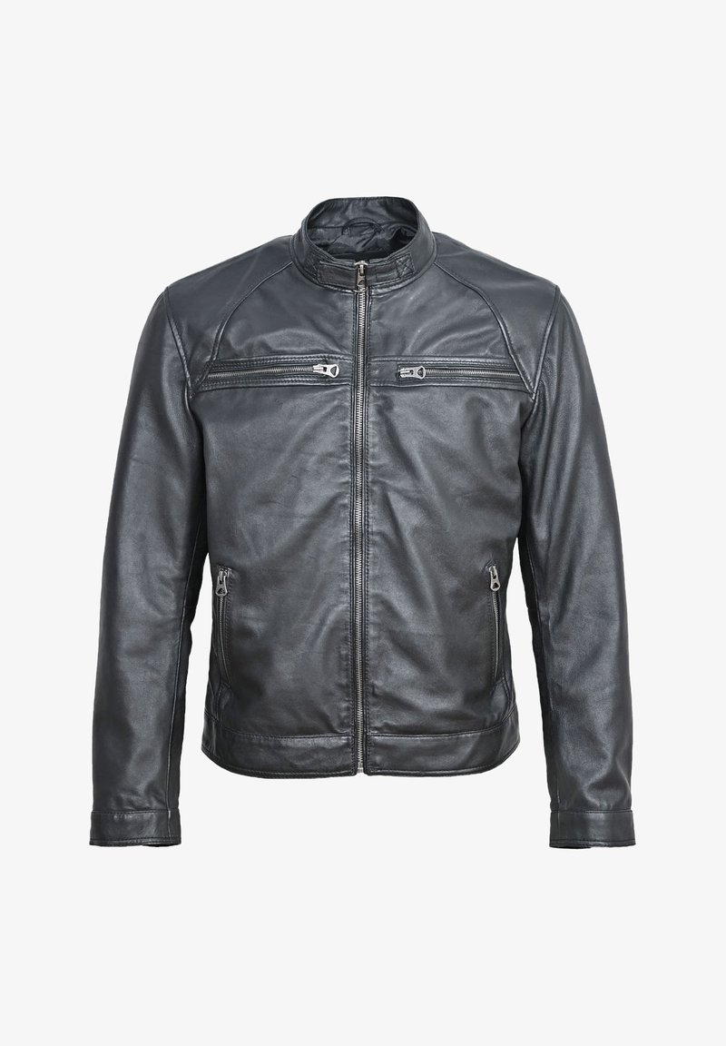 Svart läderjacka med ståkrage, två framfickor med dragkedja och dekorativa dragkedjor på bröstet. Slät textur, figursydd design.