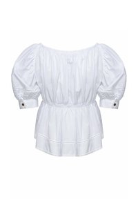 Blusa bianca in cotone con scollatura off-the-shoulder, maniche a sbuffo, cintura elasticizzata e orlo arricciato. Presenta dettagli di cuciture decorative.