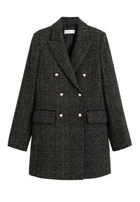 Blazer à double boutonnage à carreaux gris foncé avec six boutons en argent, larges revers, poches à rabat et manches longues.