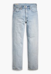 Lichtblauwe denim jeans, recht model, met knoopsluiting, vijf zakken en subtiele vervaging over de stof.