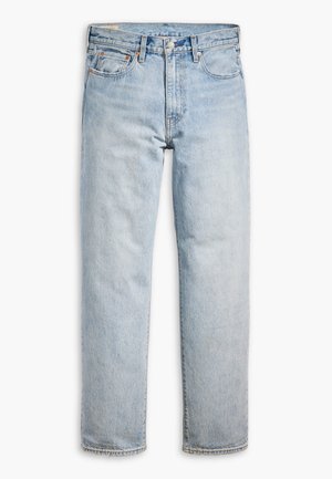 Jeans in denim azzurro chiaro, design a gamba dritta, con chiusura a bottone, stile a cinque tasche e sfumature delicate su tutto il tessuto.