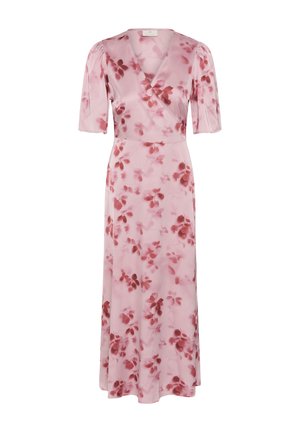 Ružové zavinovacie šaty s červeným kvetinovým vzorom, nafúknutými krátkymi rukávmi a výstrihom do V, s dĺžkou po stred lýtok.