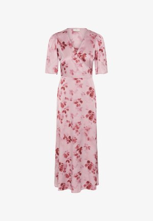 Pink wrap dress with red floral pattern, puffed short sleeves, and a V-neckline, extending to a midi length.