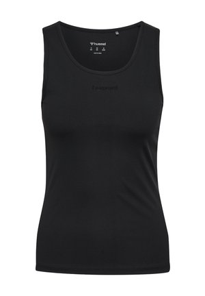 Sort kvindes ribstrikkede ærmeløse tanktop med rund halsudskæring og subtilt hummel-logo på brystet, størrelse XS/M, fremstillet i Kina.