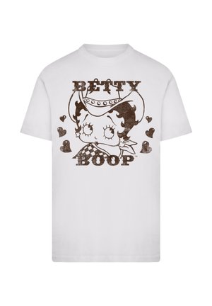 Weißes Baumwoll-T-Shirt mit einem braunen Grafikdesign von Betty Boop, die einen Cowboyhut trägt, umgeben von Herzen und dem Namen "BETTY BOOP" in fetten Buchstaben.