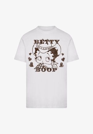 Weißes Baumwoll-T-Shirt mit einem braunen Grafikdesign von Betty Boop, die einen Cowboyhut trägt, umgeben von Herzen und dem Namen "BETTY BOOP" in fetten Buchstaben.
