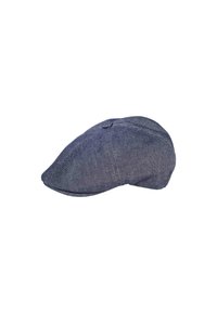 Blue flat cap made of textured fabric, featuring a rounded shape, curved brim, and a small button detail on the top.