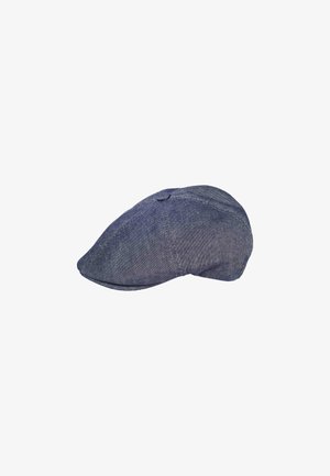 Blue flat cap made of textured fabric, featuring a rounded shape, curved brim, and a small button detail on the top.